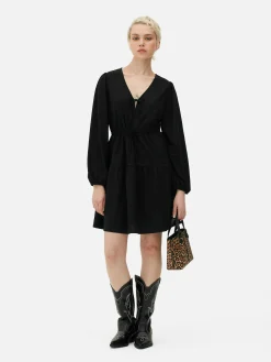 Femme Primark Robes|Mini Robe à Smocks Avec Col En V Et Liens à Nouer